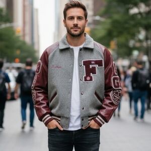 Vintage 1989 Meca Maroon And Grey Wool Men's Bomber Jacket Medium Burgundy/Gray